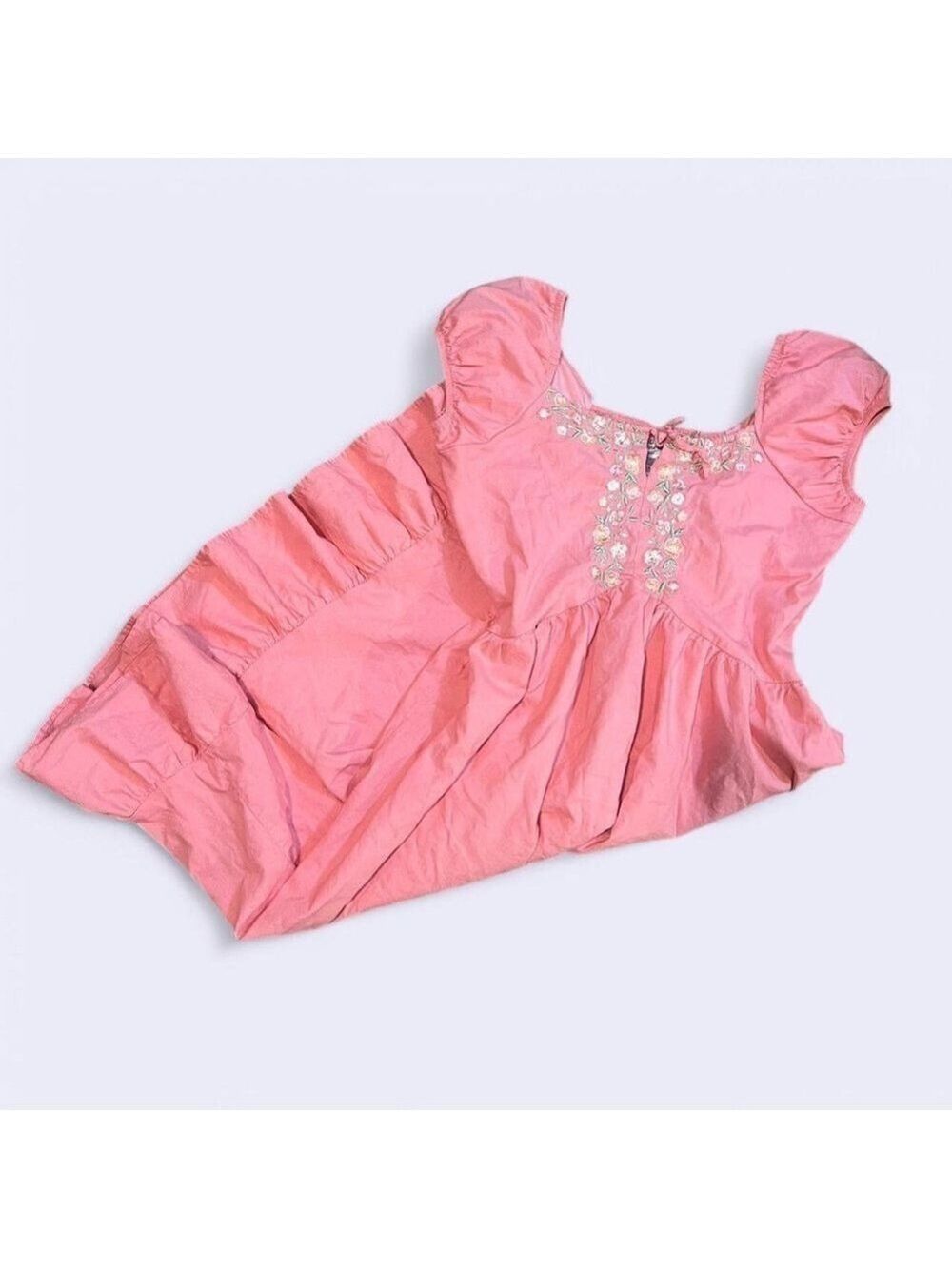 Blueberi Boulevard Embroidered Milk Maid Dress Coral Pink Puff Sleeve Ruffle Hem - Picture 3 of 10